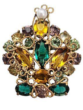 Original By Roberts Crown Brooch Pendant Green Yellow Rhinestone Pin,  L537